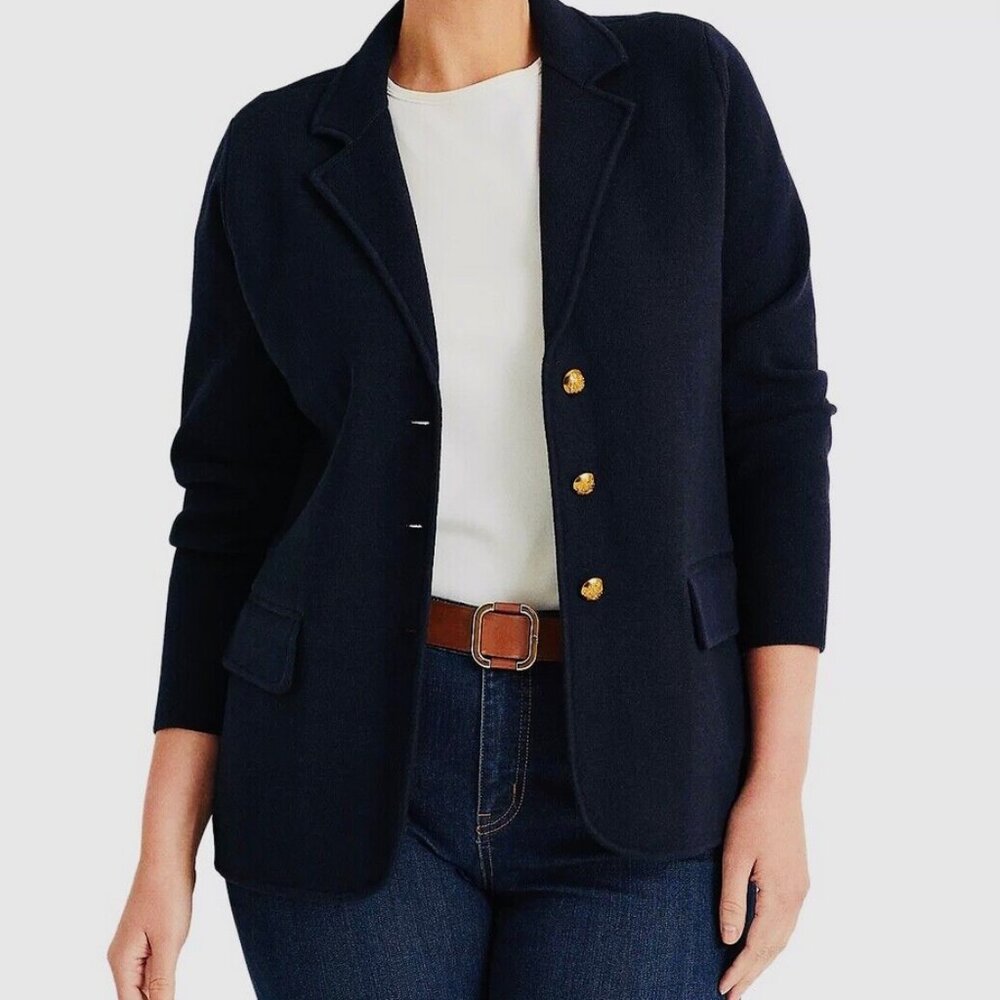 Ralph Lauren Women's Plus 1X Combed Cotton Single-Breasted Knit Blazer NAVY BLUE